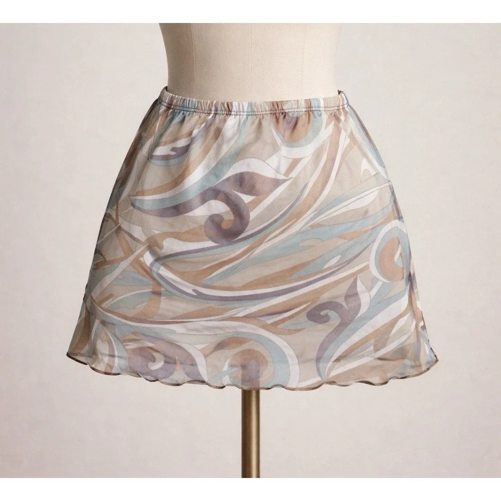 Y2K Mesh Mini Skirt Abstract Swirl Print Stretch Waist Retro‎ Clubwear XS S